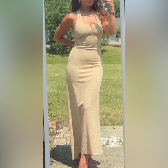 Vintage Y2K Hyphen Glamorous Gold Halter Maxi Formal Evening Dress-Size M - Picture 11 of 16